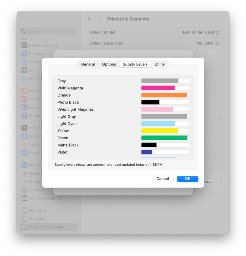 printer supply levels mac settings epson