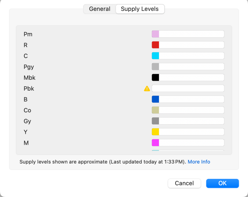 printer supply levels mac settings canon